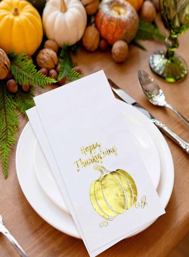 HEIPINIUYE 25 Pieces Happy Thanksgiving Paper Napkins with Gold Foil 3-ply White and Gold Pumpkin Guest Towels Disposable Hand Towels for Bathroom Birthday Fall Thanksgiving Party Dinner Napkins - Image 2